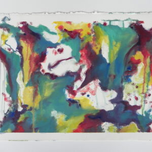 Abstract painting with green, red, and yellow brushstrokes on textured white paper