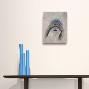Abstract portrait showing hands covering eyes with red lips, displayed above a dark console table with tall blue vases.