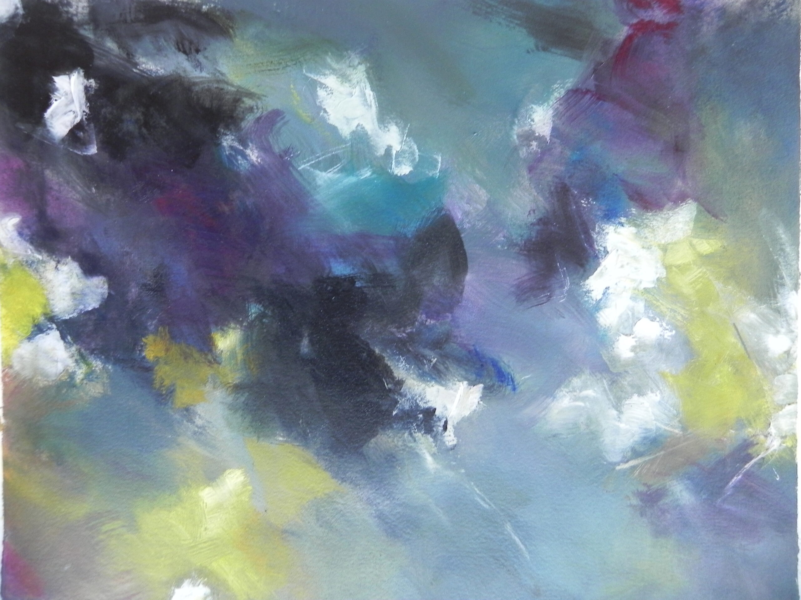 Abstract painting with blue, purple, yellow, and white brushstrokes