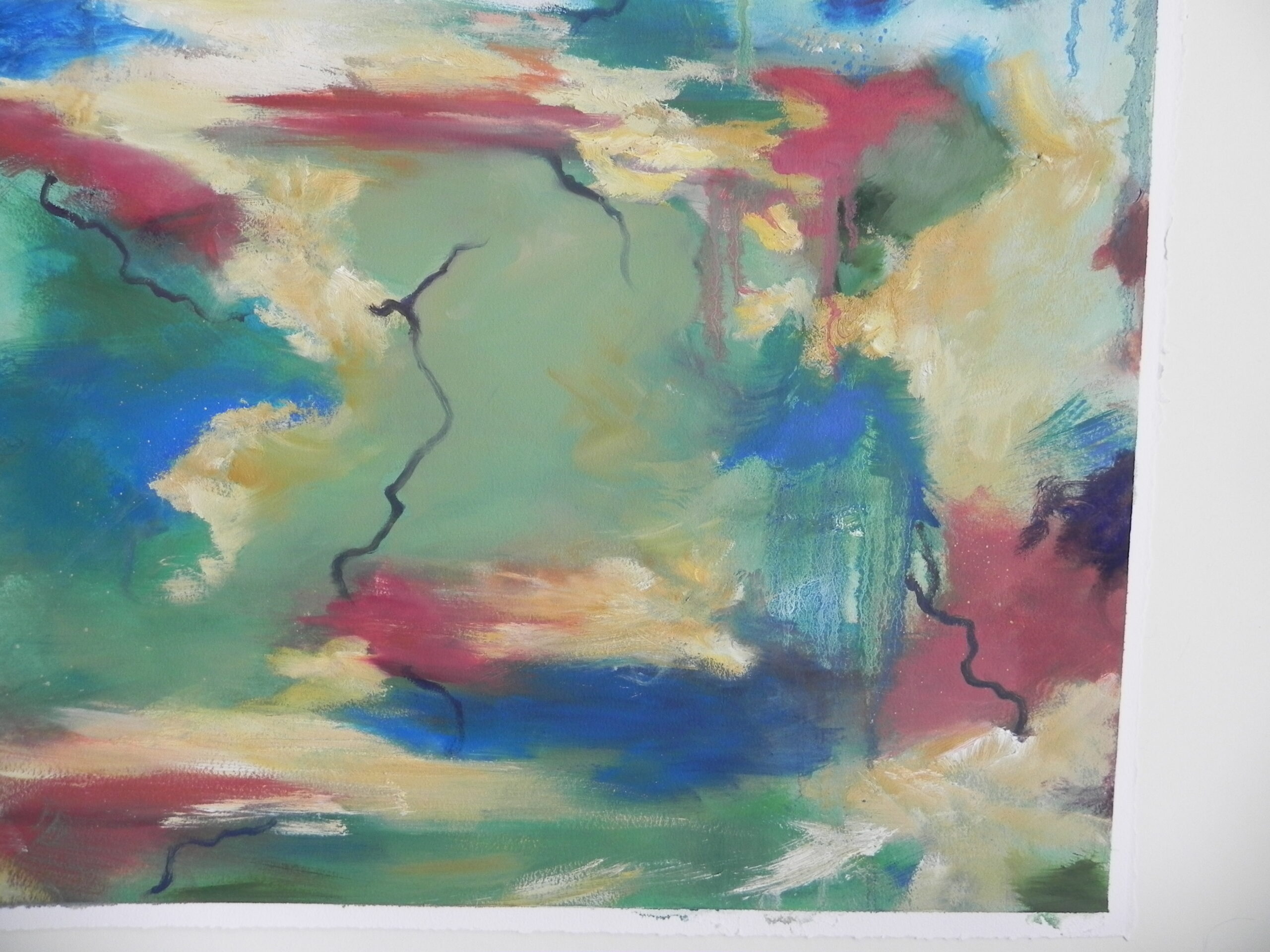 Abstract mixed media artwork with green, blue, red, and yellow hues and black squiggly lines