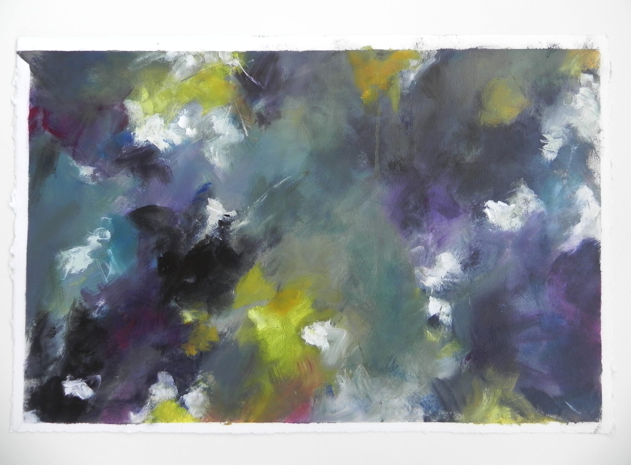 Abstract painting with dark blue, purple, and yellow brushstrokes on textured paper