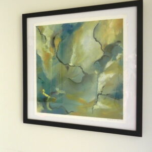 Abstract painting with flowing green, yellow, and blue hues and dark linear accents, presented in a black frame with white matting