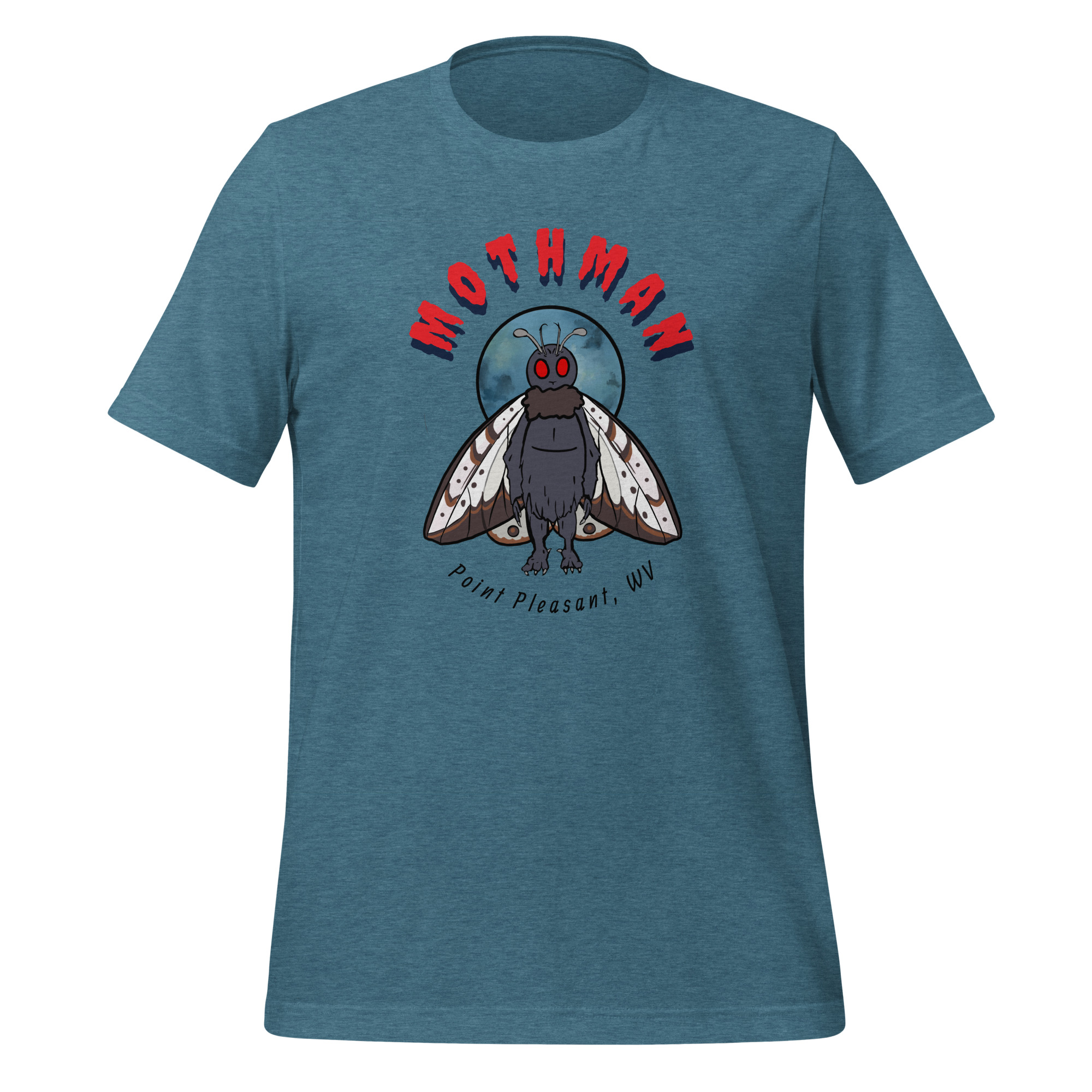 Blue heather t-shirt with Mothman graphic and Point Pleasant WV text