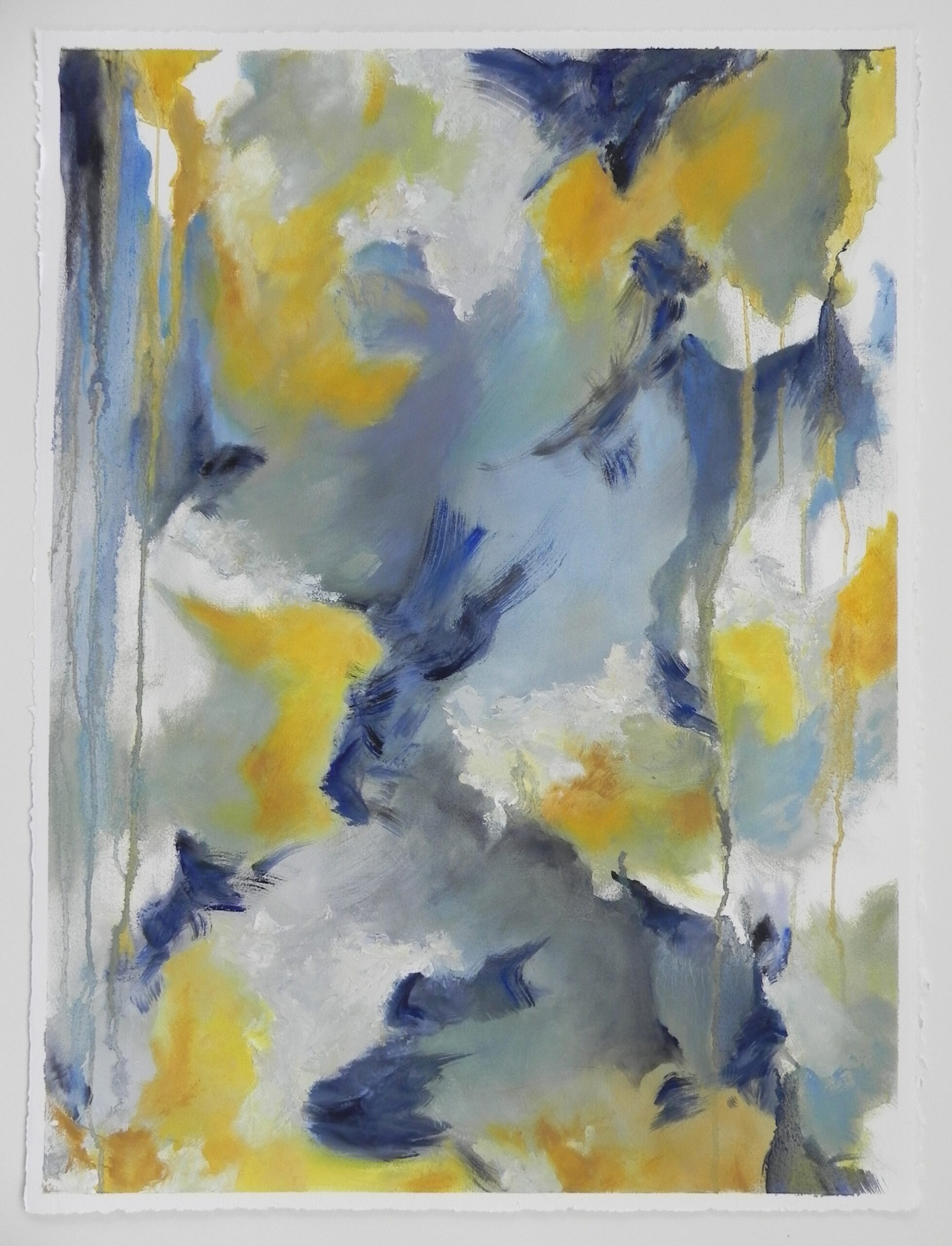 Abstract watercolor painting with blue, yellow, and white brushstrokes on textured paper