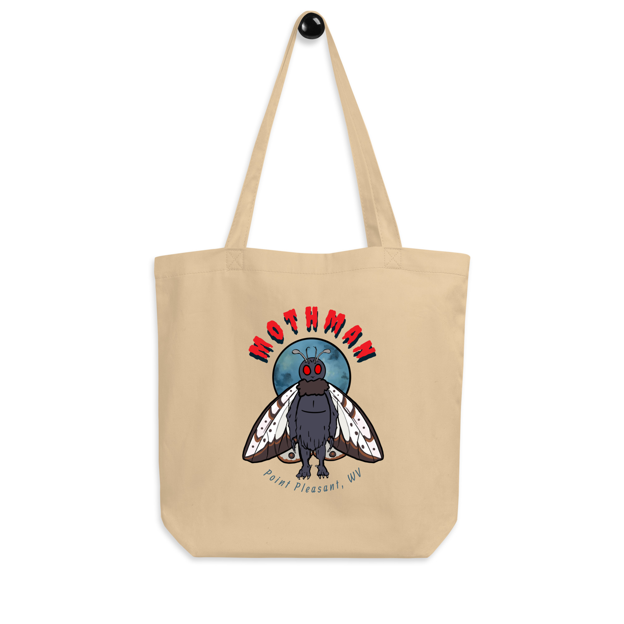 Beige tote bag with Mothman graphic and Point Pleasant WV text