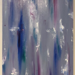 Abstract artwork with silver, blue, and maroon vertical streaks on a textured background, displayed in a frame