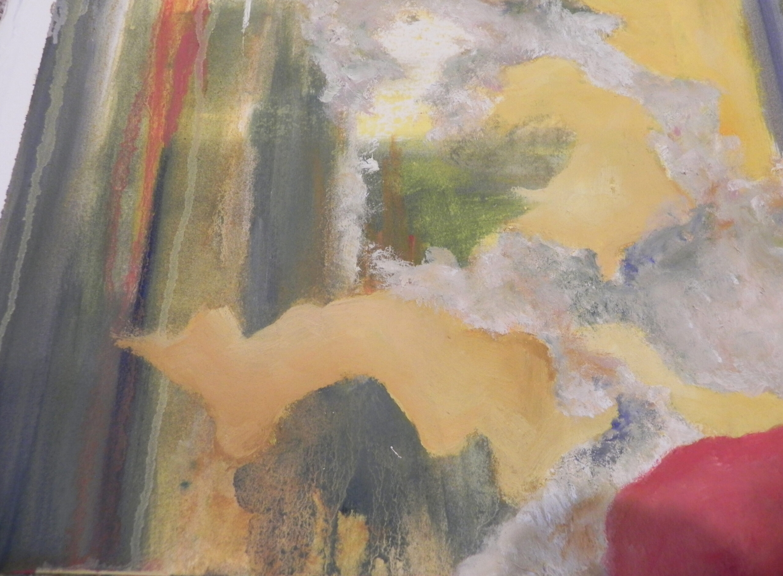 Abstract detail showing flowing shapes of yellow, grey, and green with white highlights.