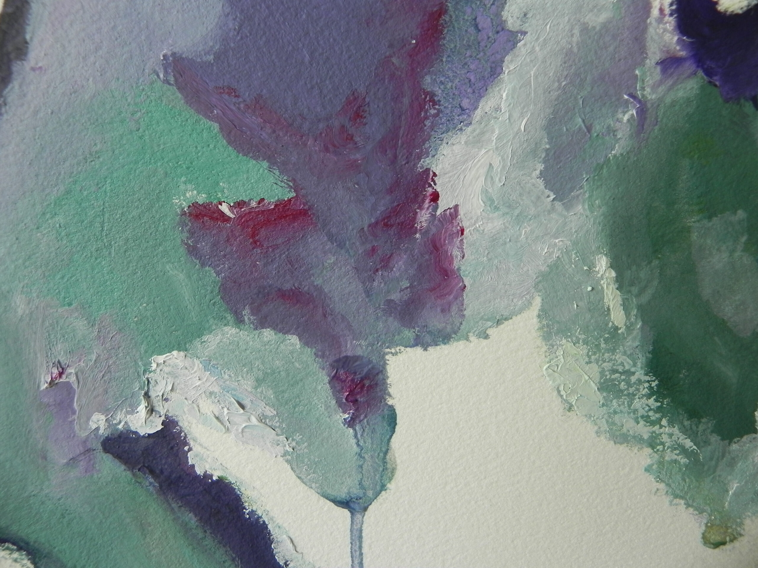 Close-up of purple flower painting with thick white and green brushstrokes
