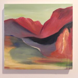 Abstract landscape painting featuring red mountains, a dark river, and green hills on canvas