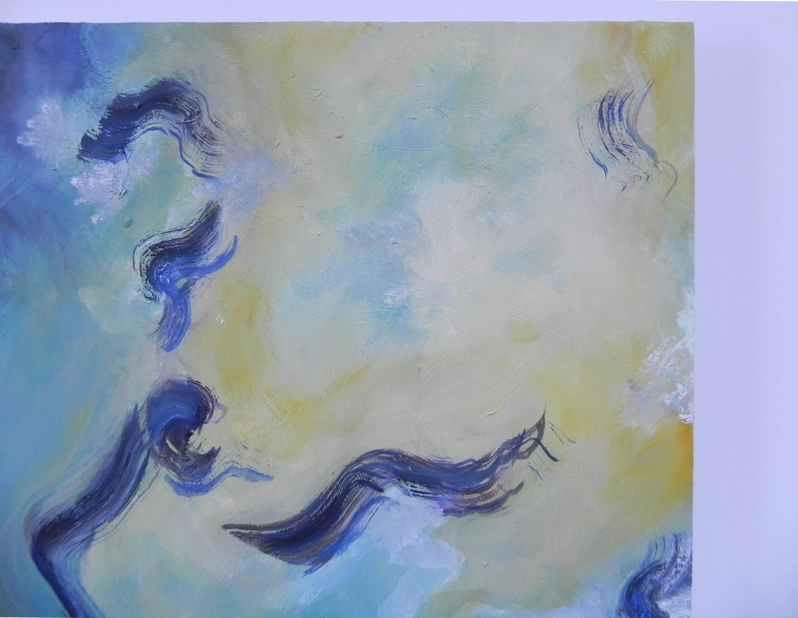 Abstract painting showing flowing dark blue shapes on a background of light blue, yellow, and white.
