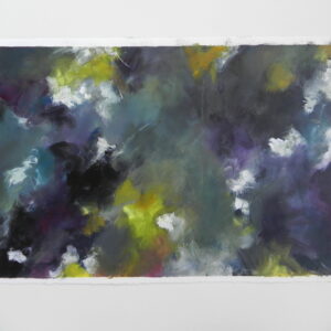 Abstract painting with dark gray, purple, and yellow brushstrokes on textured paper
