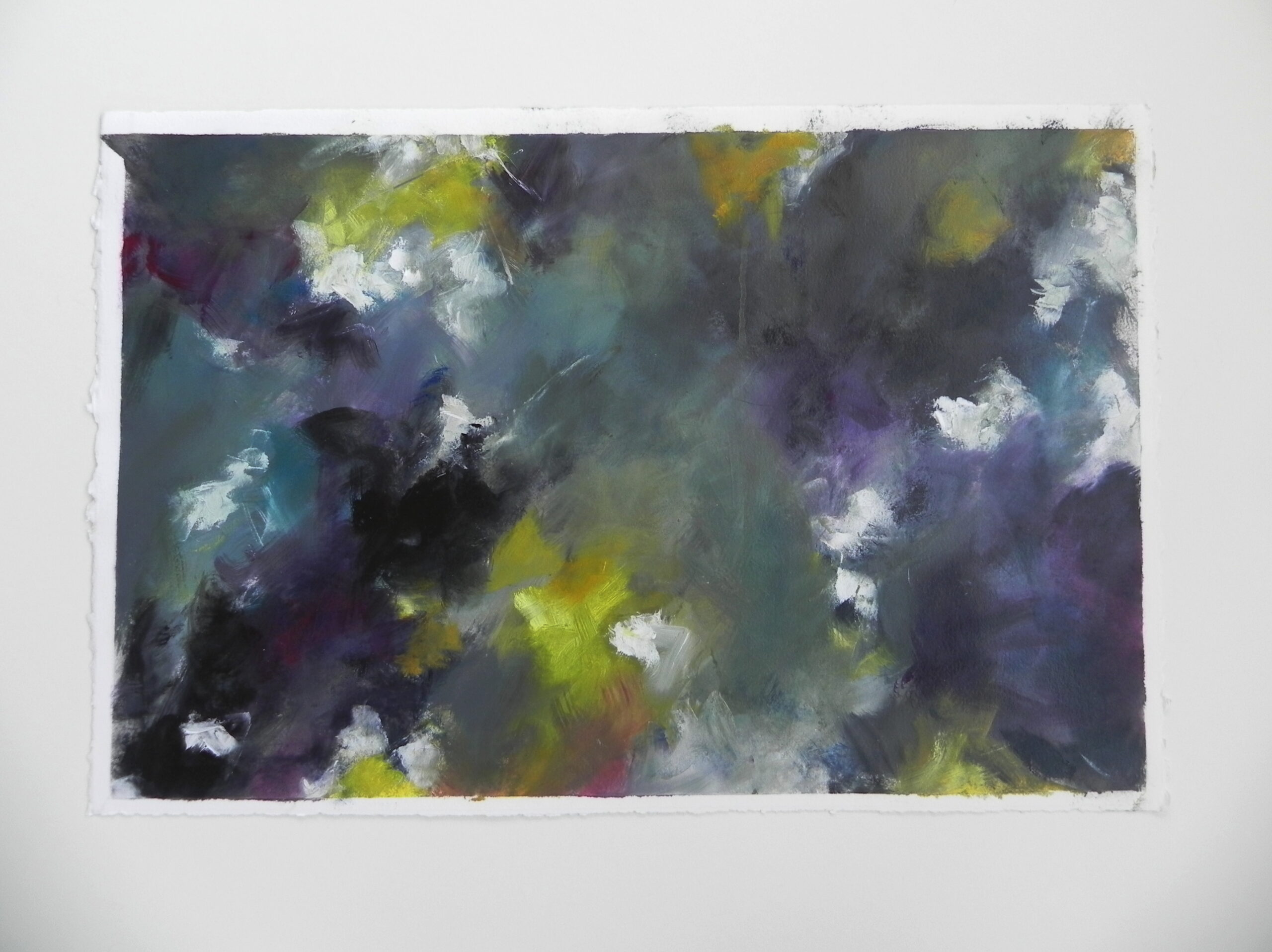 Abstract painting with dark gray, purple, and yellow brushstrokes on textured paper