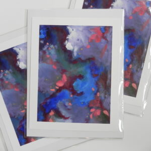 Abstract art print with blue, red, and purple hues on white mat in clear sleeve