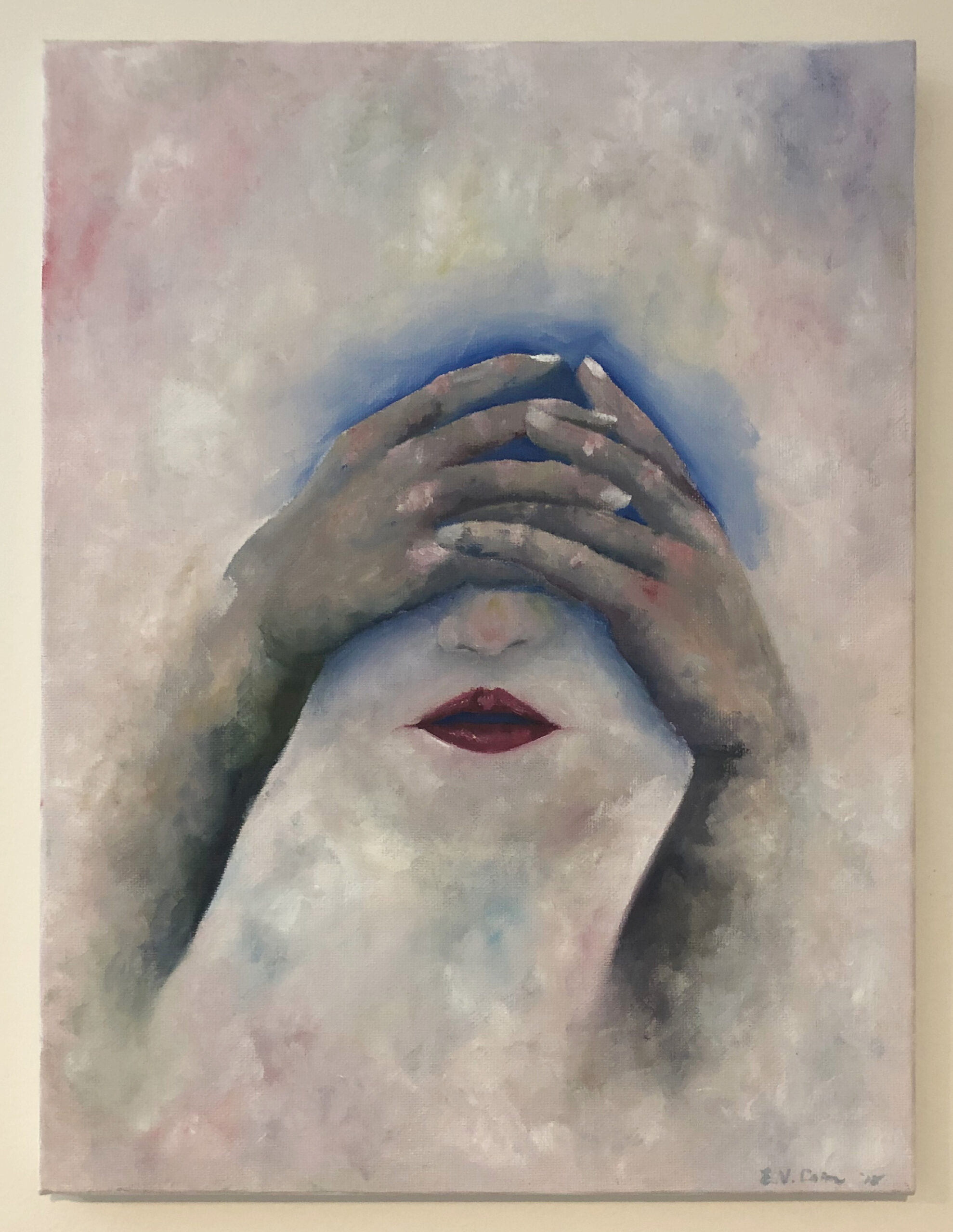 Abstract portrait showing hands covering eyes with red lips visible against soft pink and blue background.