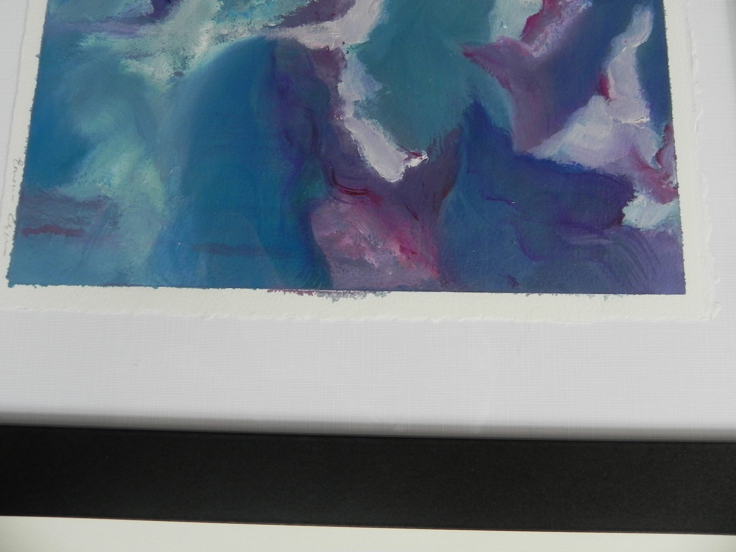 Close-up abstract painting featuring deep blue and purple shapes against teal with white accents.