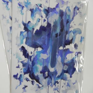 Abstract blue and white watercolor print in clear plastic packaging