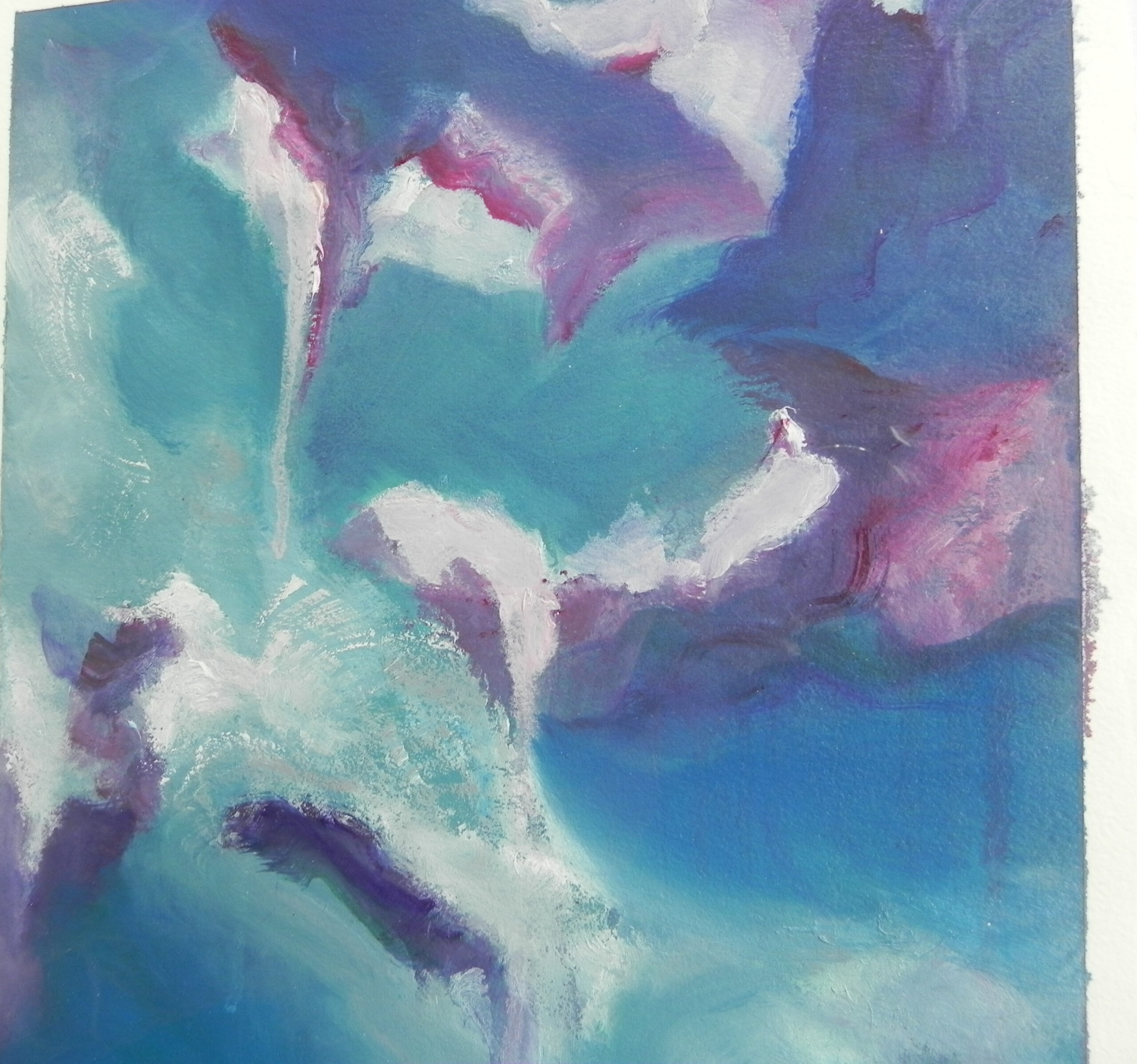 Abstract artwork showing flowing shapes of deep blue, purple, and white over a teal background.