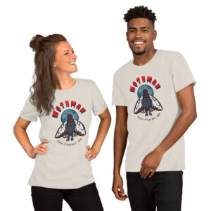 Light gray Mothman Point Pleasant WV t-shirts worn by smiling man and woman