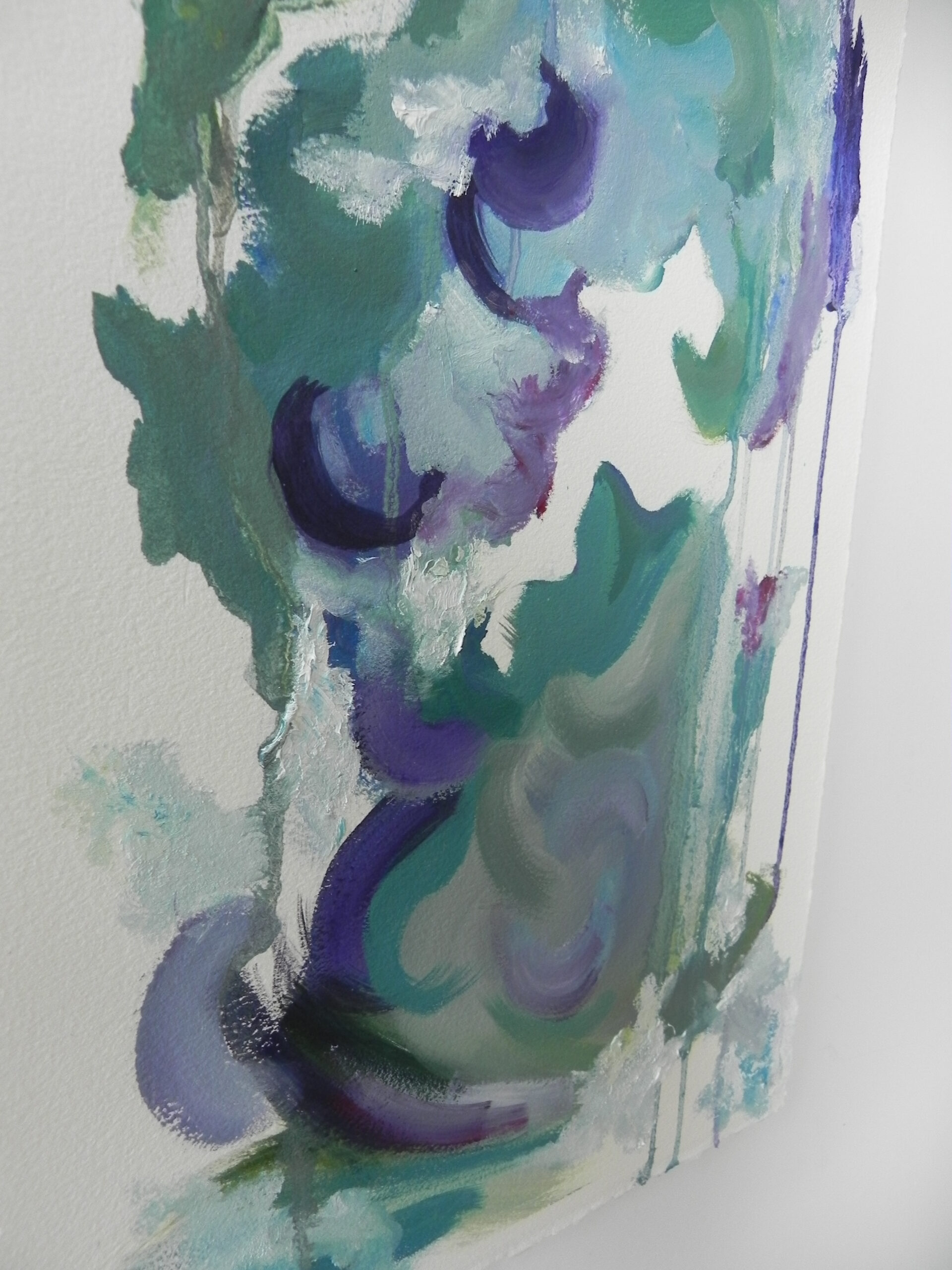 Abstract painting with swirling strokes of teal, purple, and white on canvas