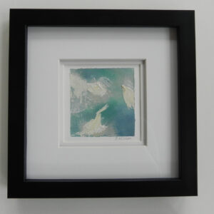 Abstract painting with soft white and teal brushstrokes, presented in a black frame with wide white matting