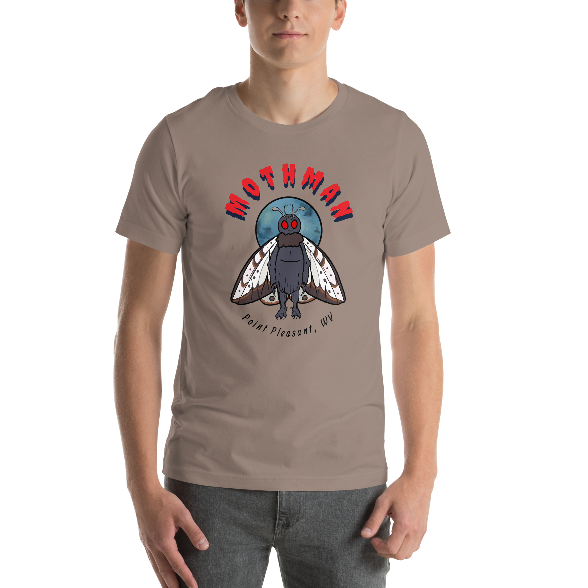 Taupe t-shirt with Mothman graphic and Point Pleasant WV text