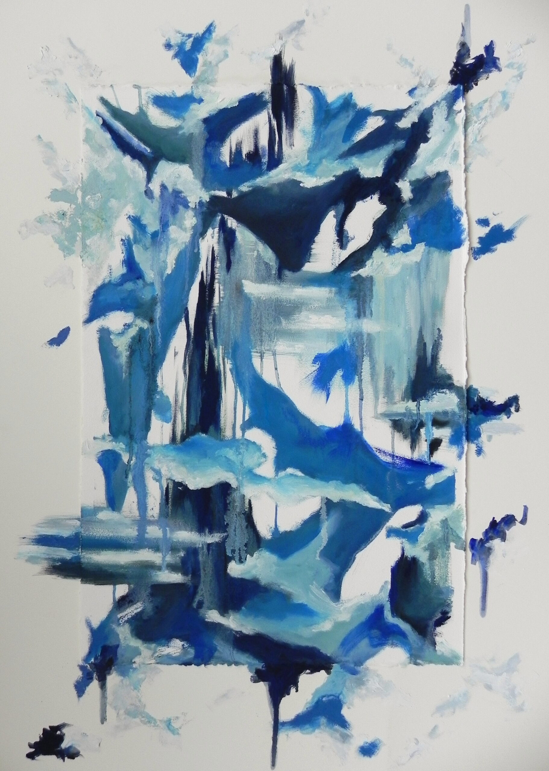 Abstract blue and white acrylic painting with bold brushstrokes and paint drips on white paper