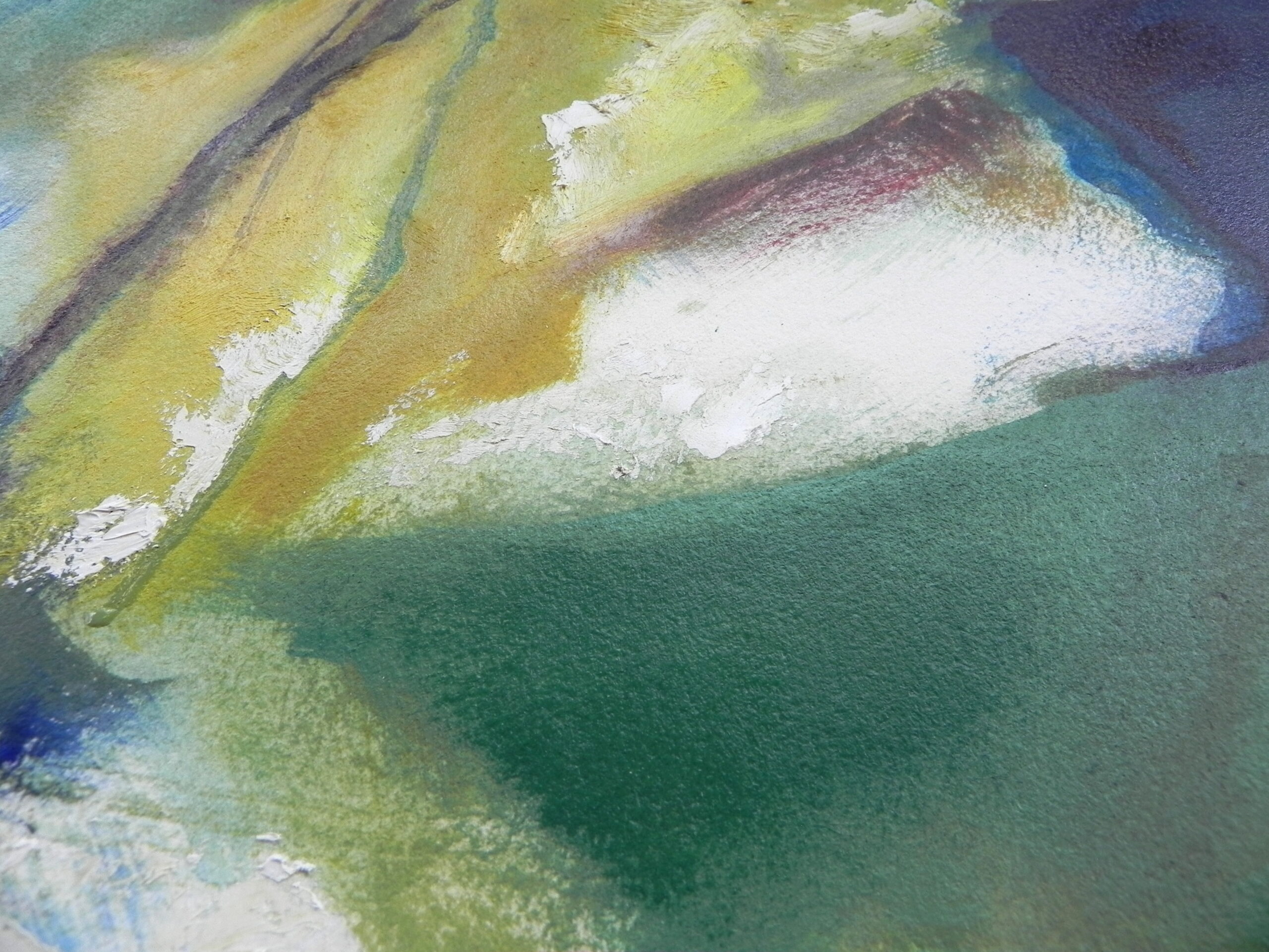 Abstract painting with textured strokes of green, yellow, white, and blue
