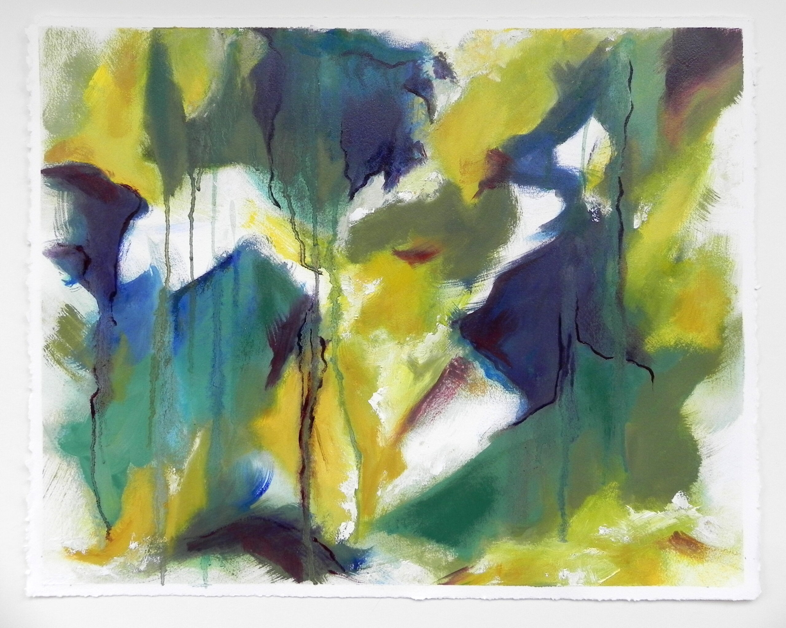 Abstract watercolor painting with yellow, green, and blue brushstrokes on textured white paper