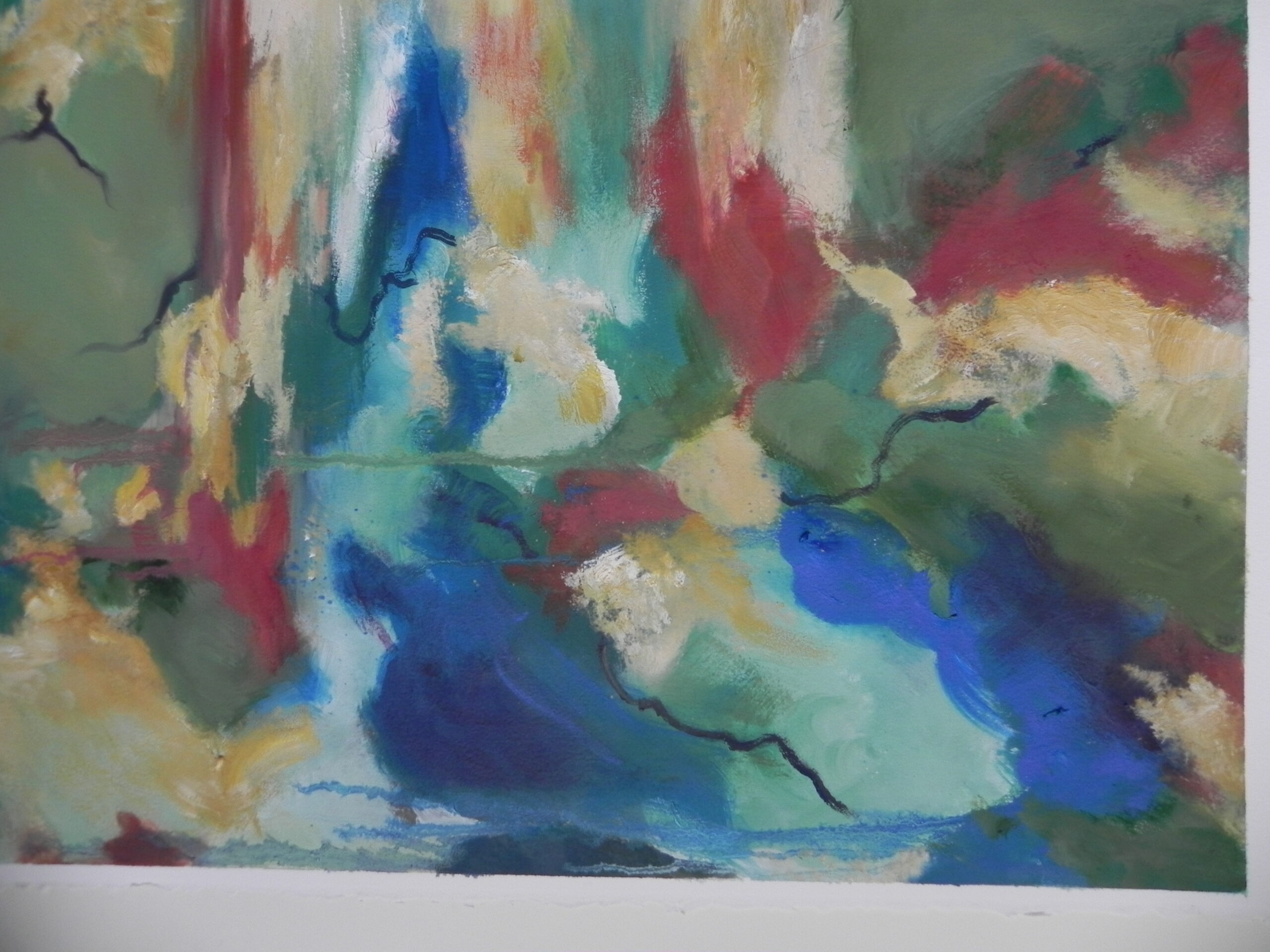 Abstract painting with blue, green, red, and yellow brushstrokes and black lines