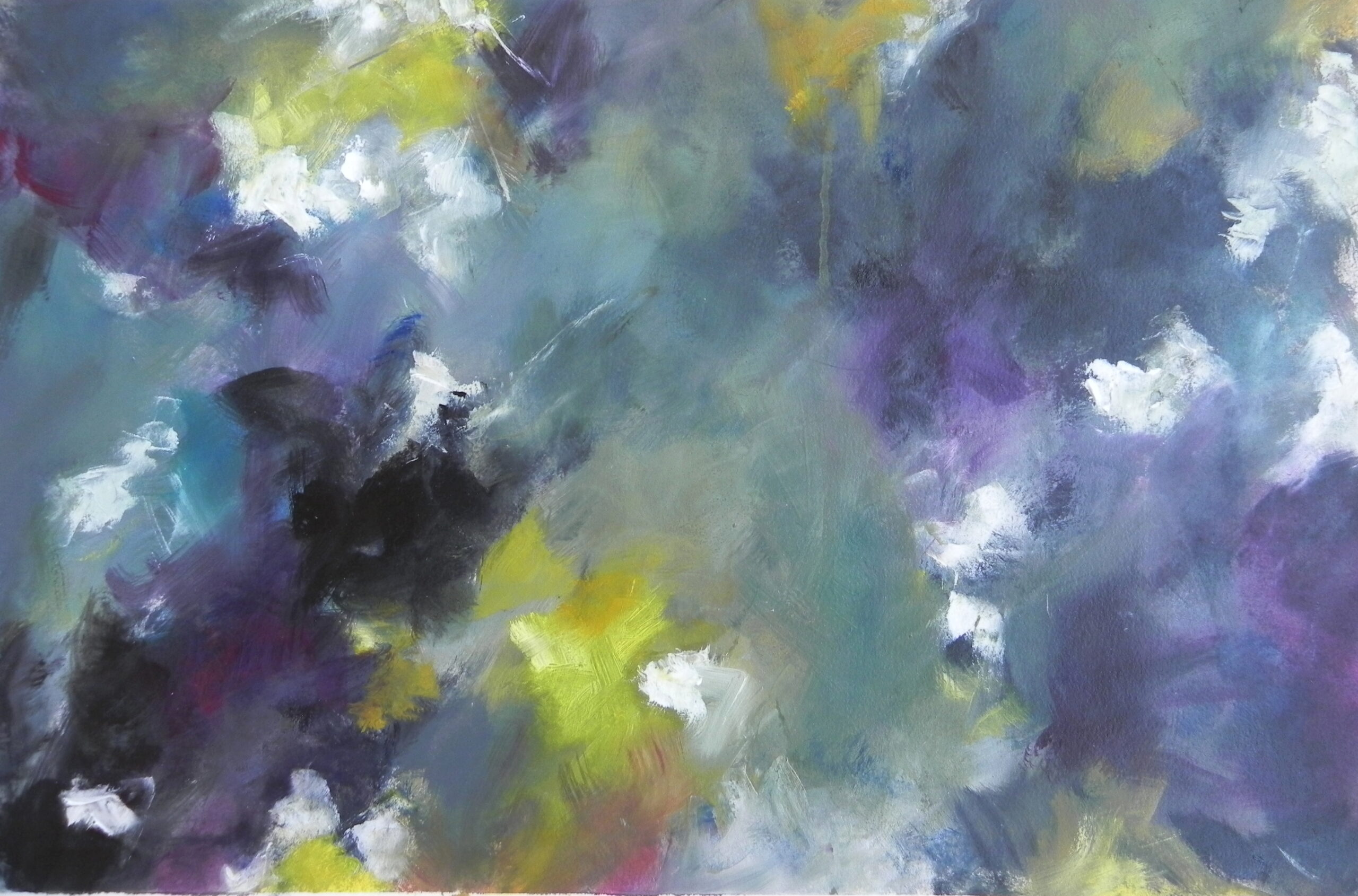 Abstract painting with blue, purple, yellow, and white brushstrokes