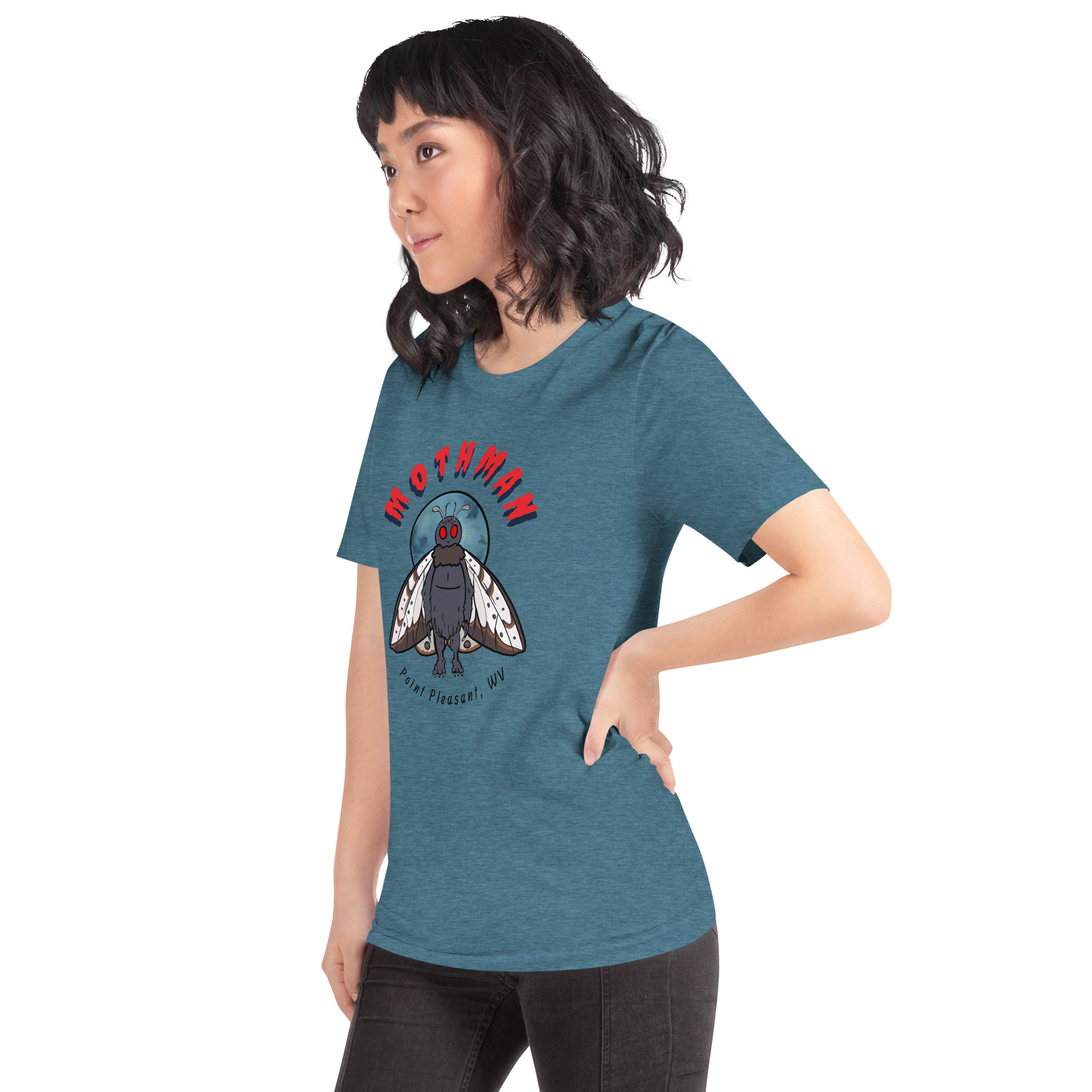 Teal women's t-shirt with Mothman graphic and Point Pleasant WV text