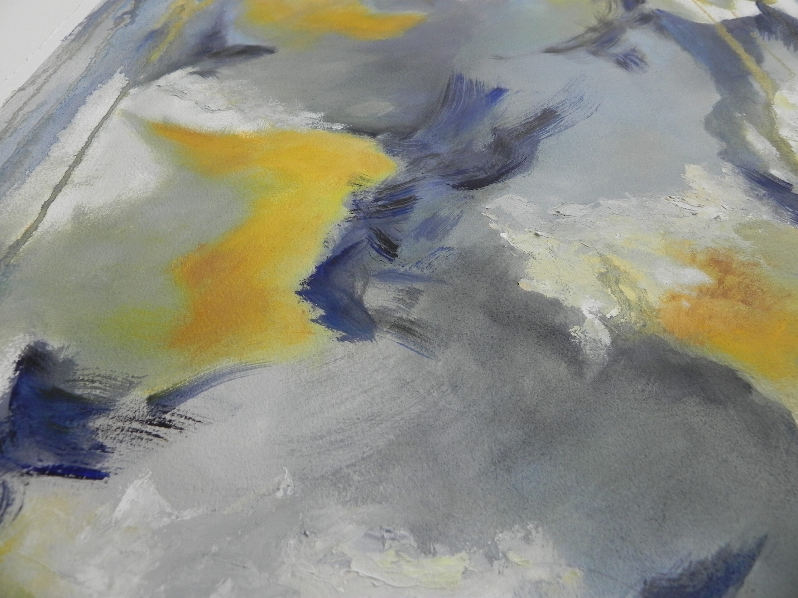 Abstract painting with yellow, blue, and gray brushstrokes on textured canvas