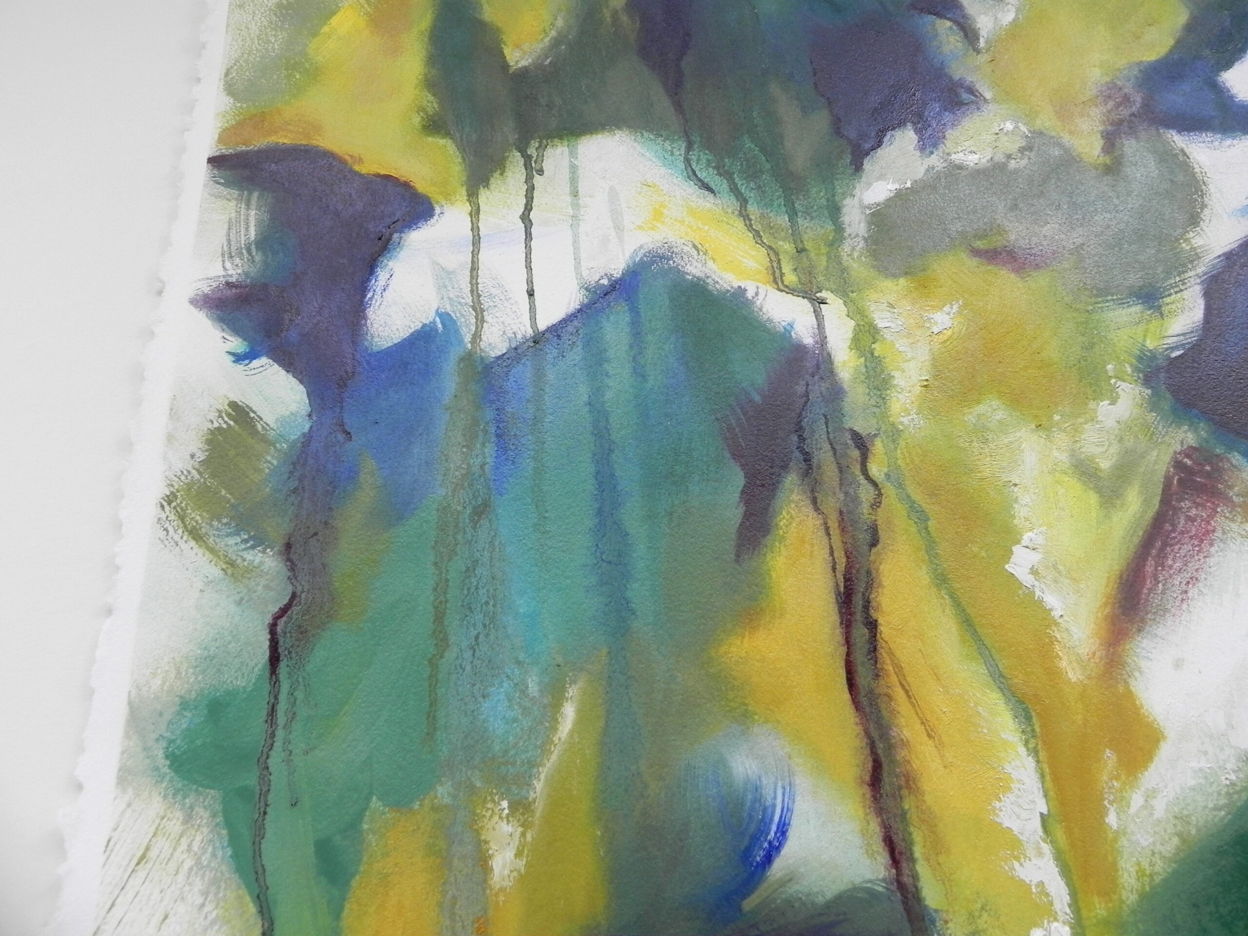 Abstract watercolor painting with yellow, blue, and green brushstrokes on textured paper