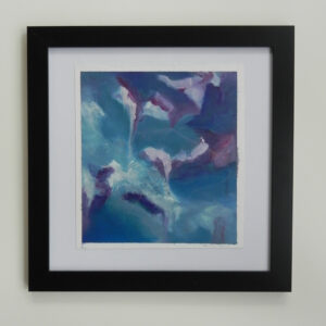 Framed abstract artwork showing deep blue and purple shapes against a teal background, displayed in a black frame with white matting.