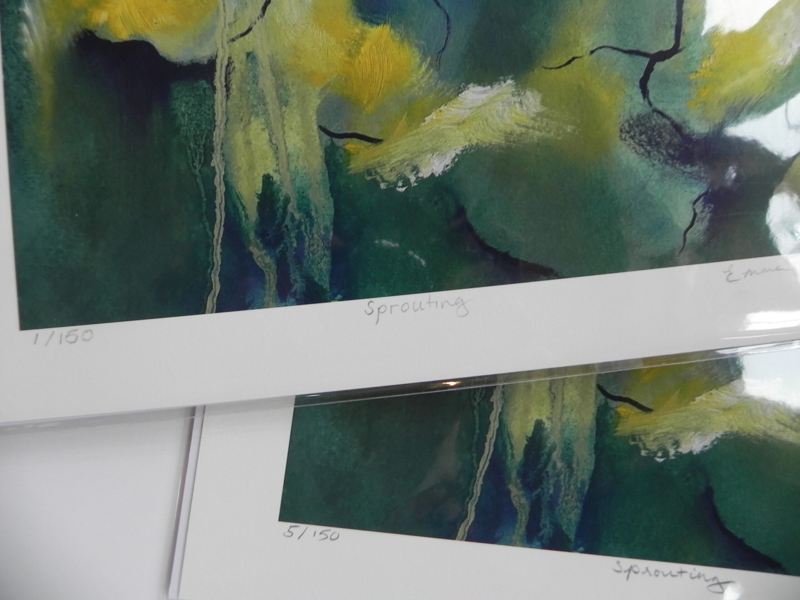 Limited edition art print titled Sprouting featuring abstract green and yellow trees with black branches on white background