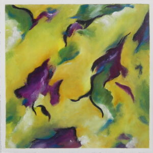 Abstract painting with yellow background and purple green brushstrokes