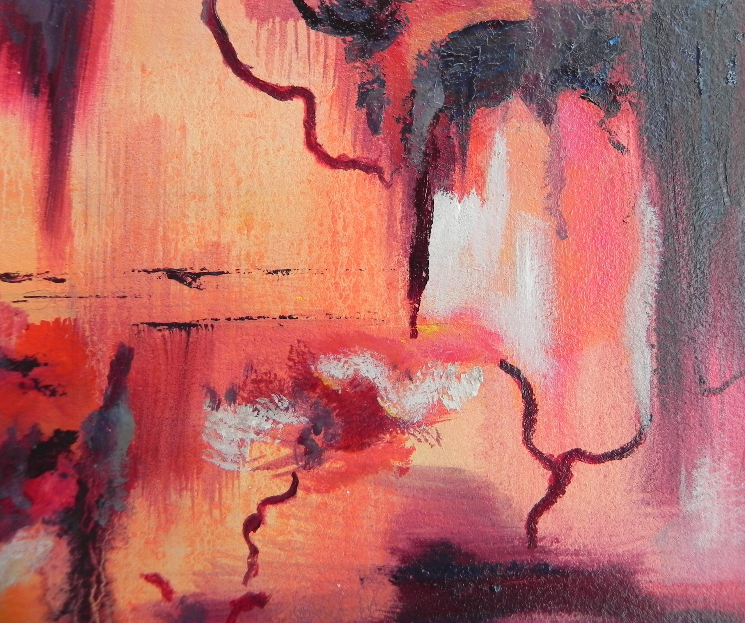 Abstract painting with red, orange, and black brushstrokes on textured canvas