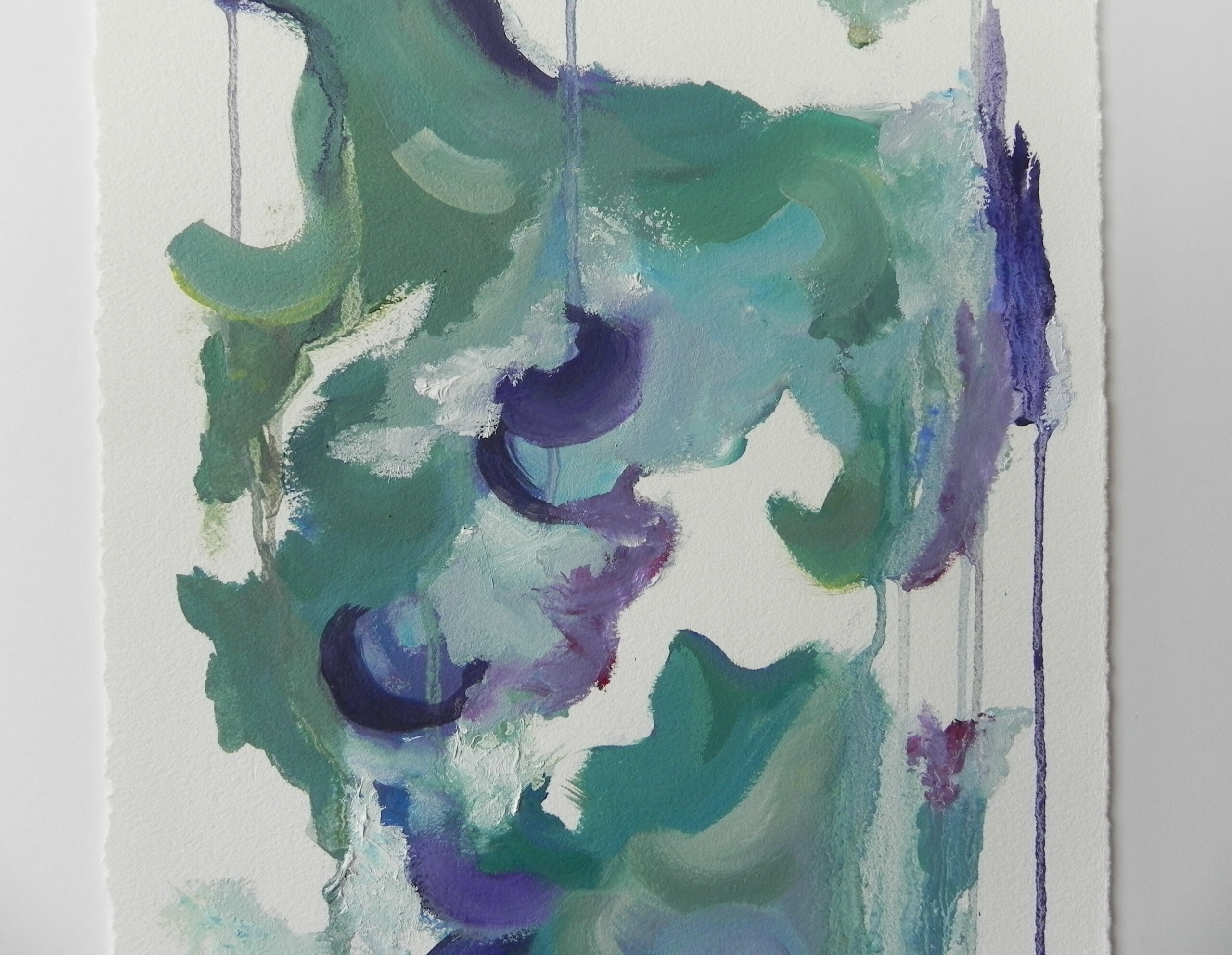 Abstract painting with green, blue, and purple brushstrokes on white textured paper