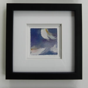 Abstract painting with soft white and blue brushstrokes, presented in a black frame with wide white matting