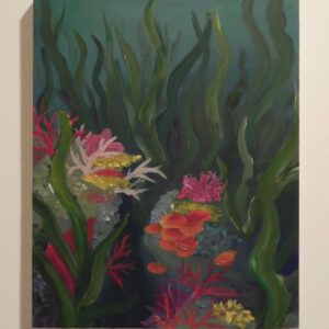 Abstract artwork depicting vibrant red, pink, and yellow coral with tall green seaweed against a teal background.