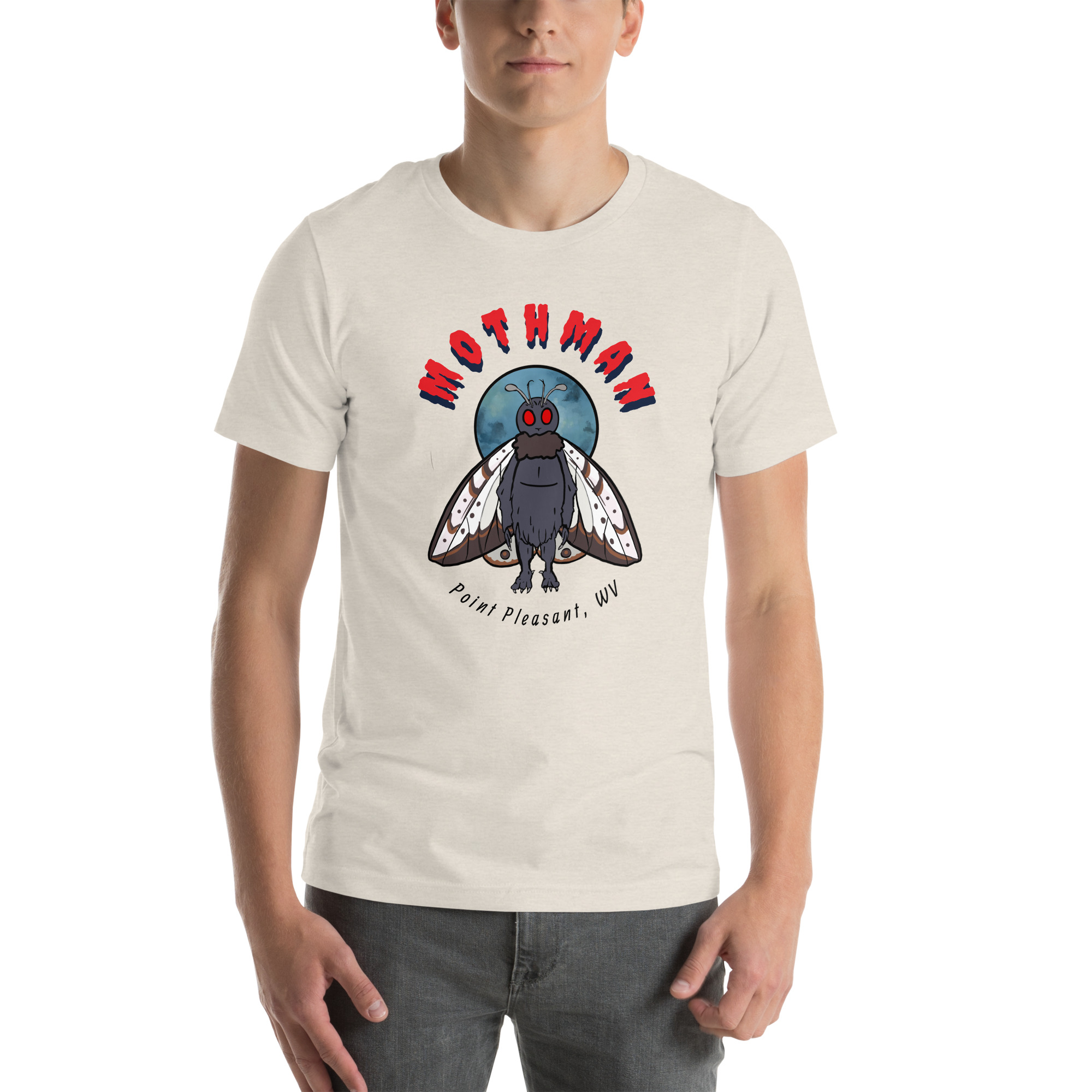 Cream t-shirt with Mothman graphic and Point Pleasant WV text