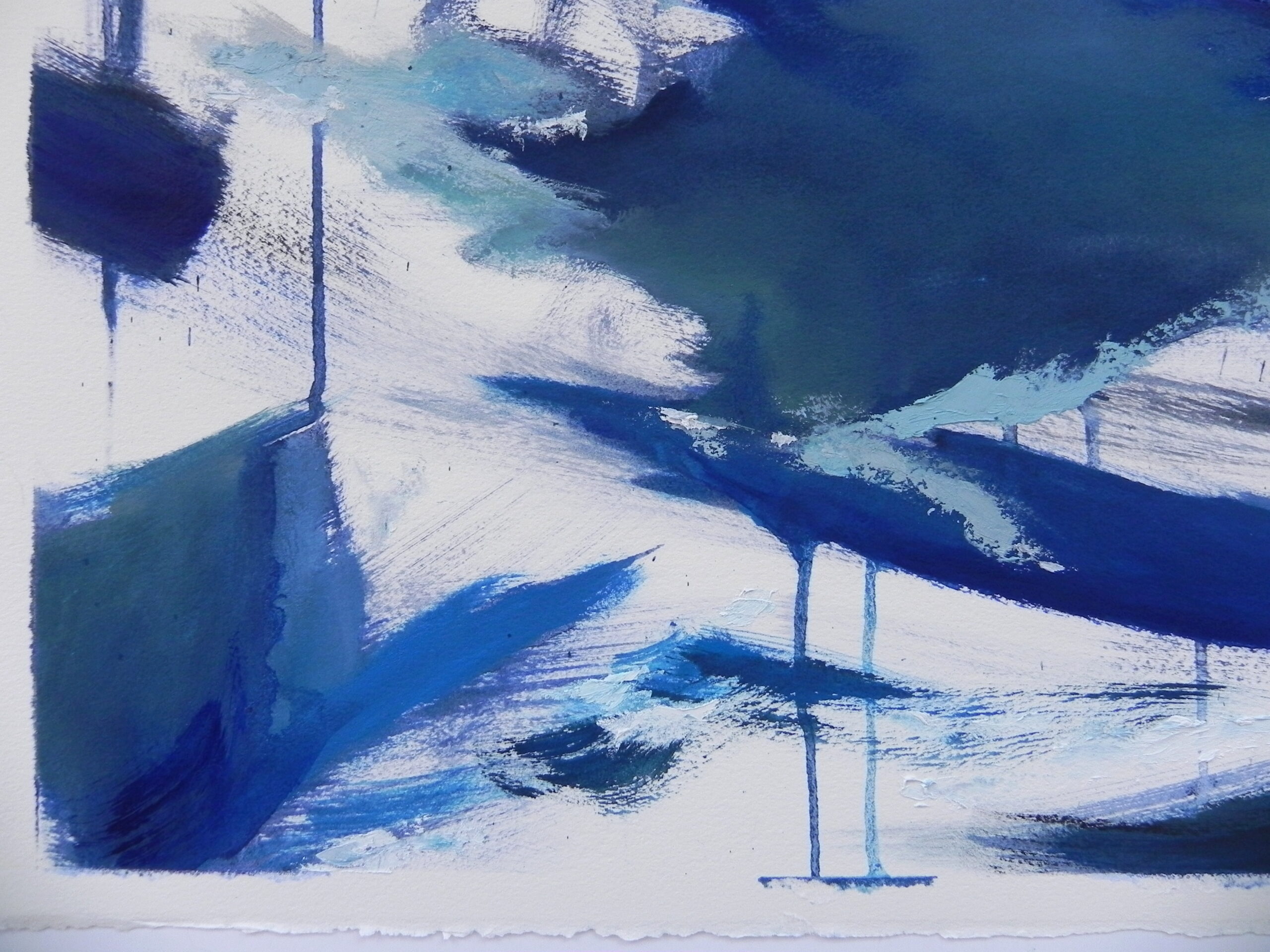 Abstract blue and white acrylic painting with textured brushstrokes on paper