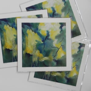 Stack of limited edition art prints titled Sprouting featuring abstract green and yellow imagery with black branch-like lines
