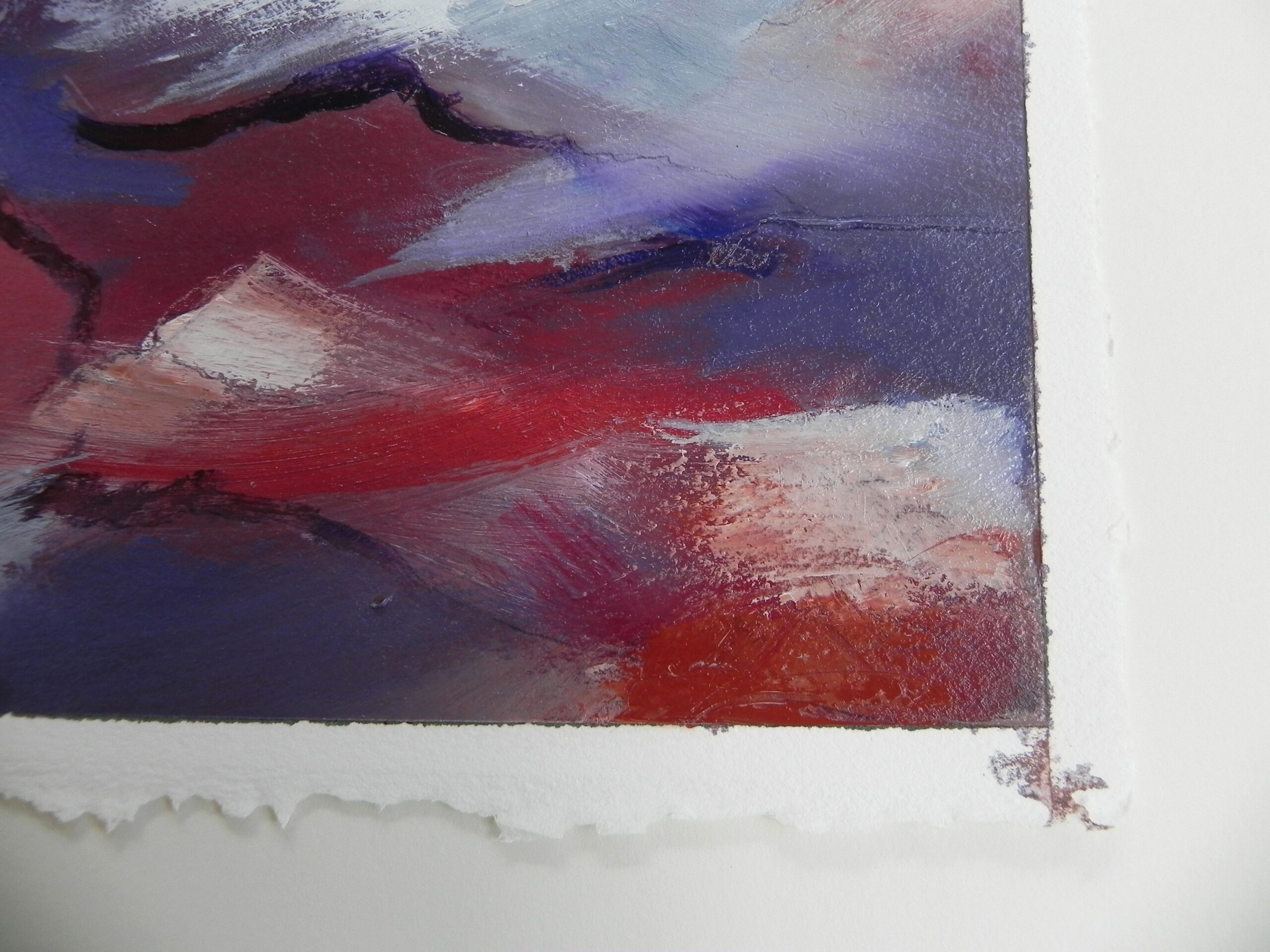 Abstract painting with red, purple, and white brushstrokes on textured paper