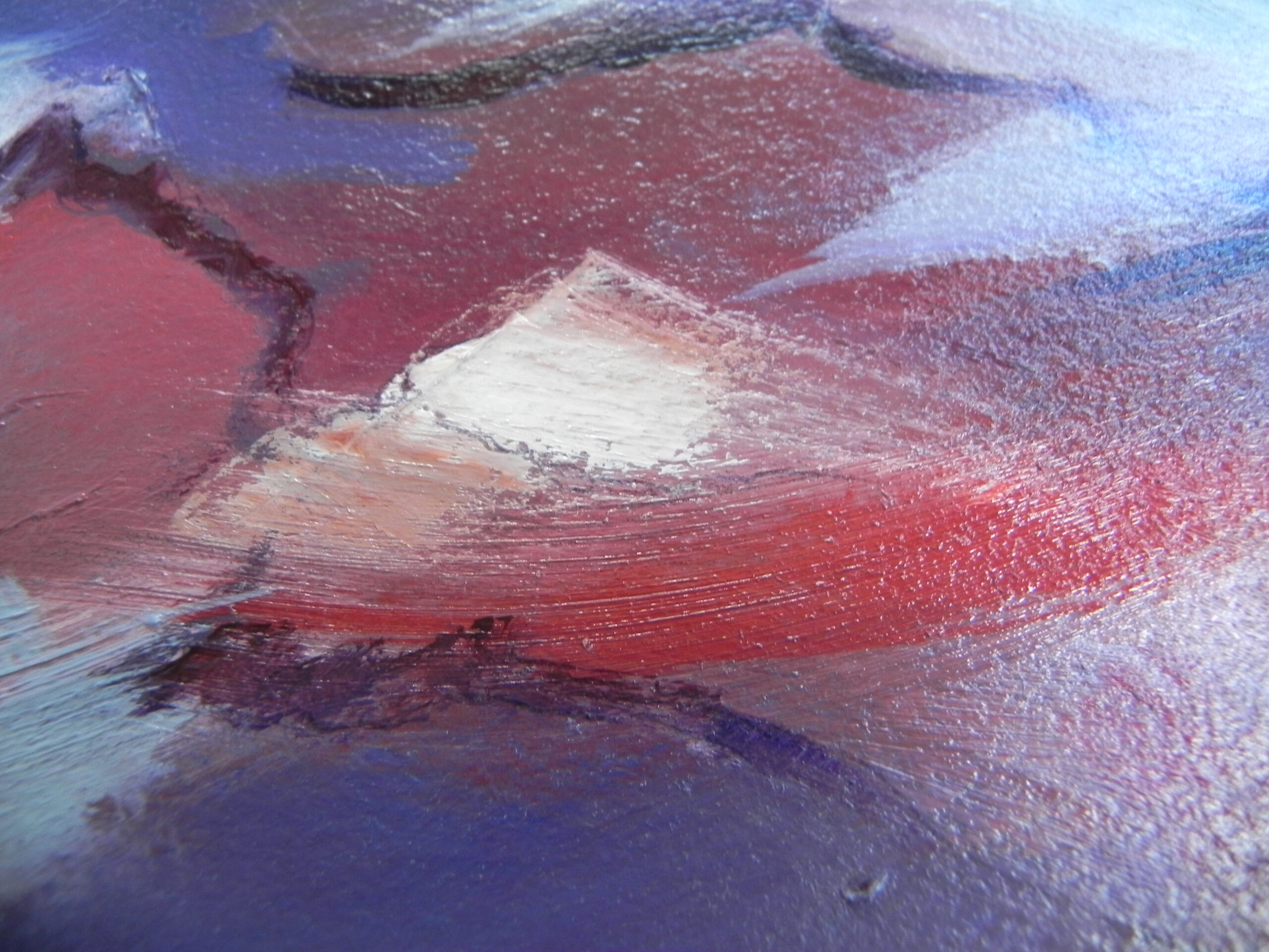 Close-up detail of abstract painting with textured red, purple, and white brushstrokes