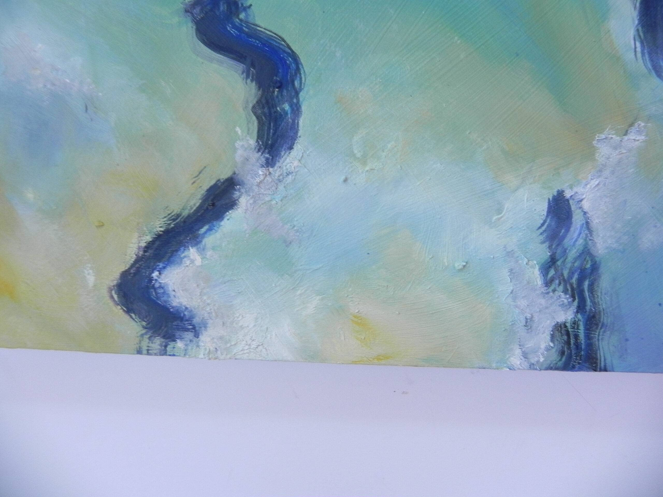 Abstract painting featuring dark blue wavy lines on a textured background of pale green, white, and soft yellow.