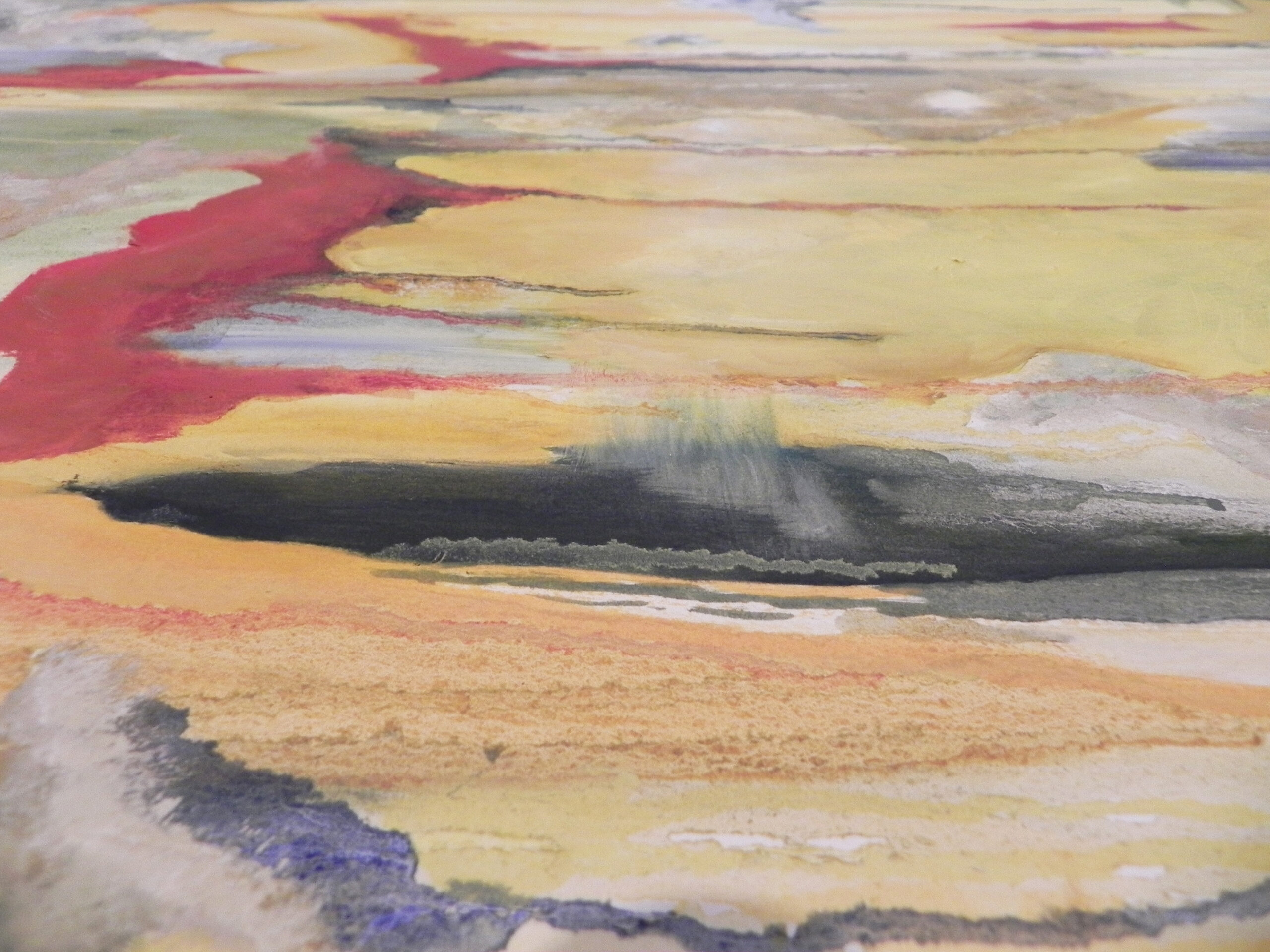 Abstract painting showing bold drips of red and yellow over grey, white, and hints of green.