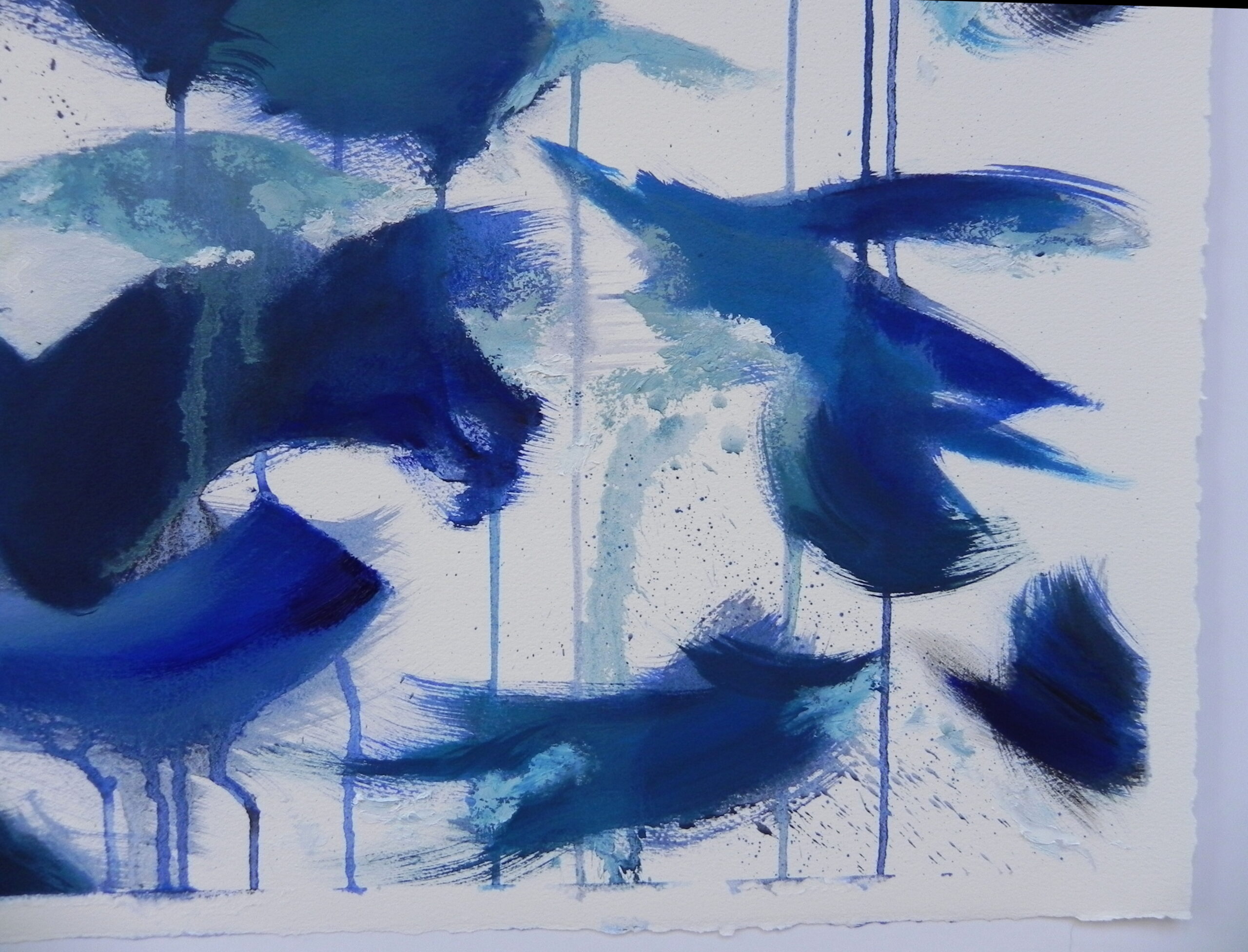 Abstract blue and white watercolor painting with textured brushstrokes and splatters on paper