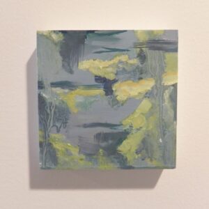 Abstract landscape painting with yellow and grey brushstrokes on canvas