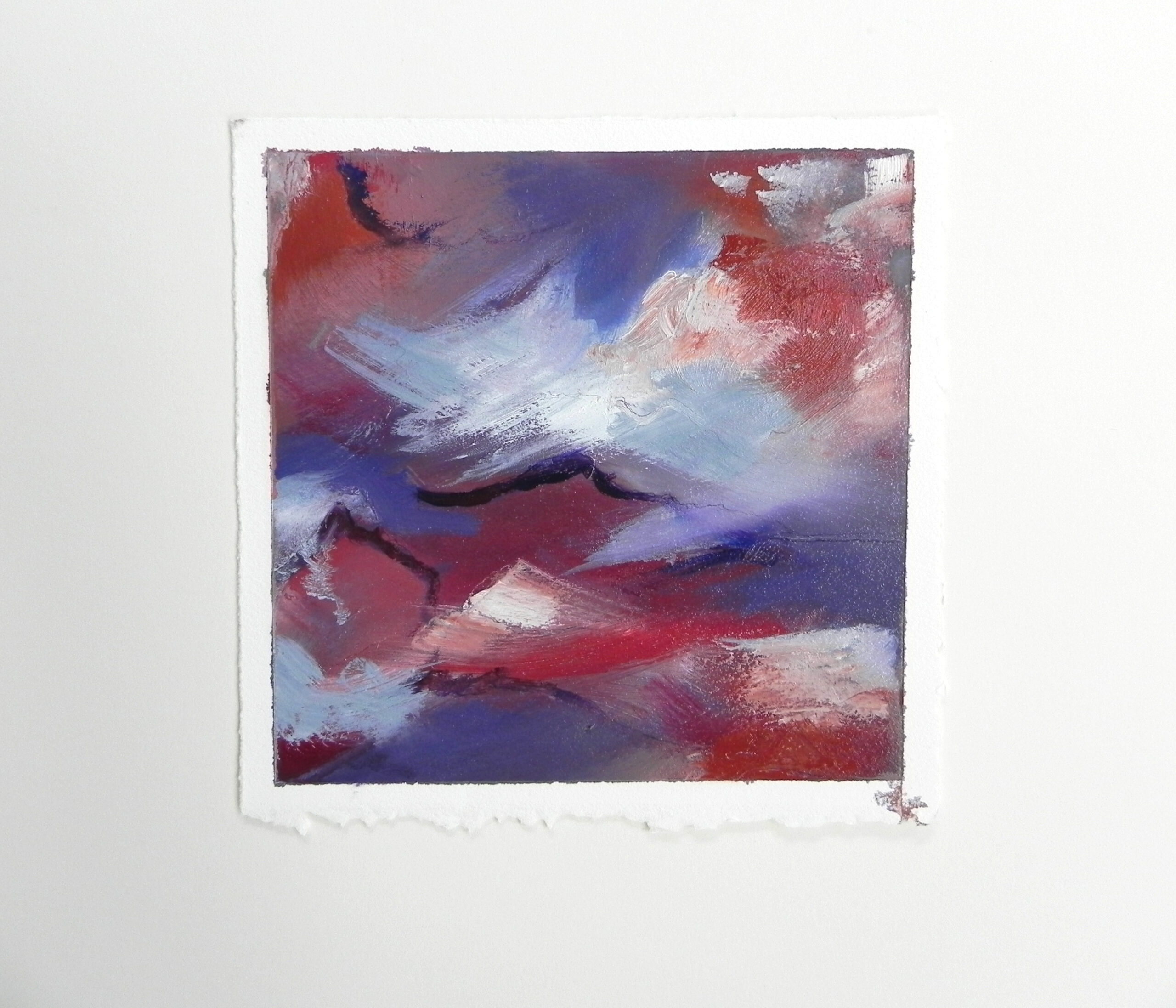 Abstract painting with red, blue, and white brushstrokes on textured paper